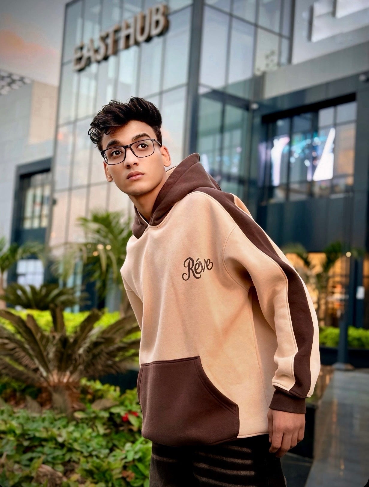 Two-Tone Premium Hoodie – Off-White × Brown